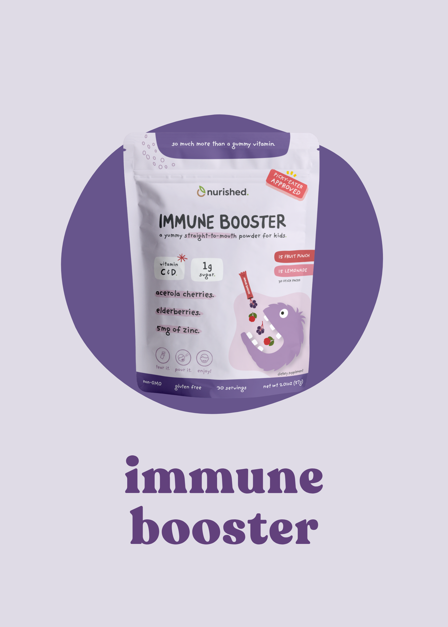 Nurtished immune booster package on a light purple background