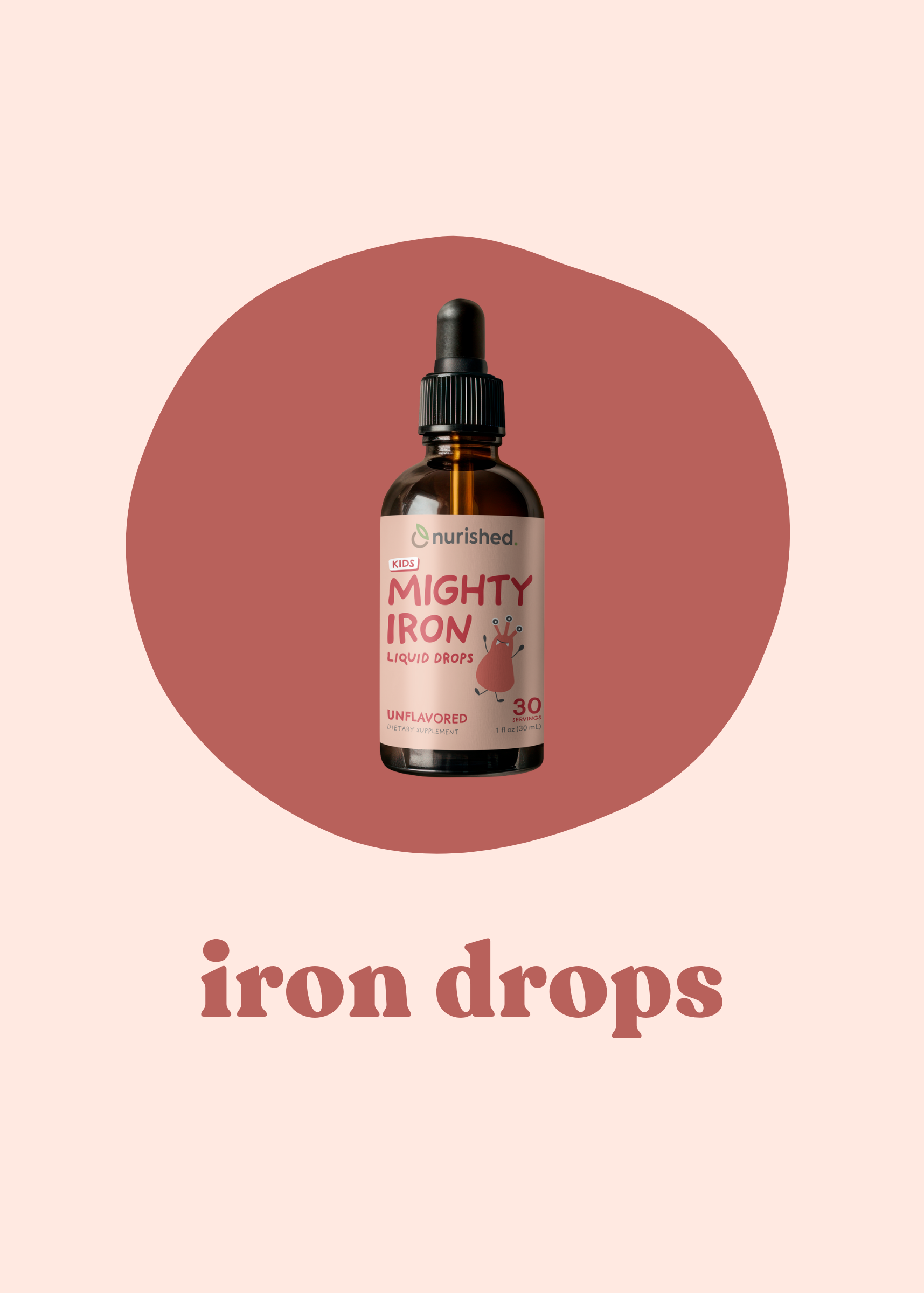 Bottle of 'Mighty Iron' iron drops on a pink background