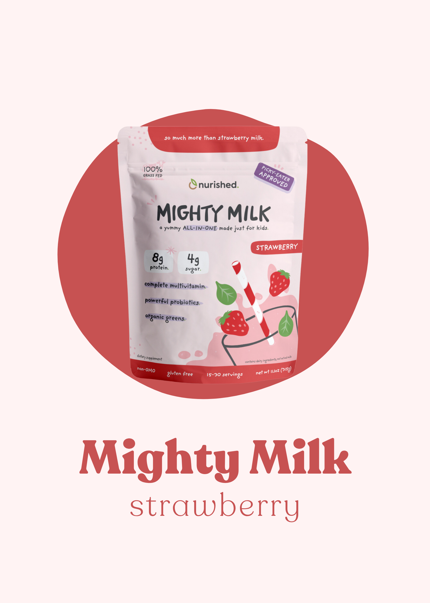 Mighty Milk strawberry flavor package on a white background