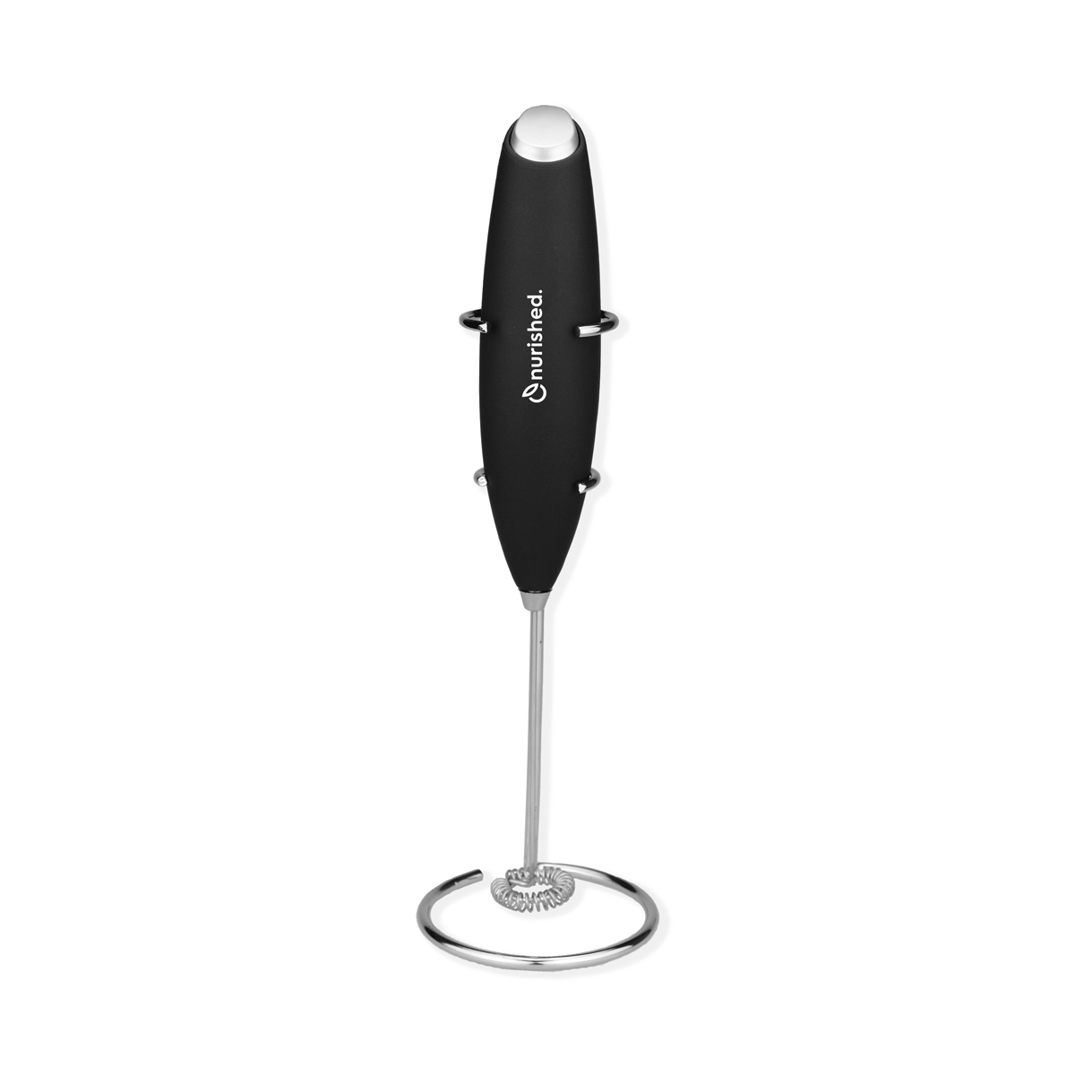 a battery powered whisk on a stand with white nurished logo on handle
