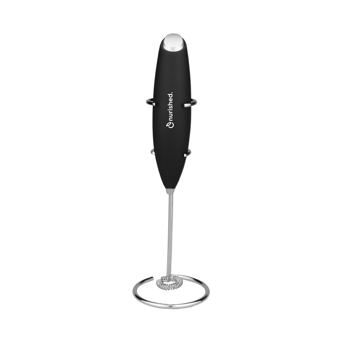 a battery powered whisk on a stand with white nurished logo on handle