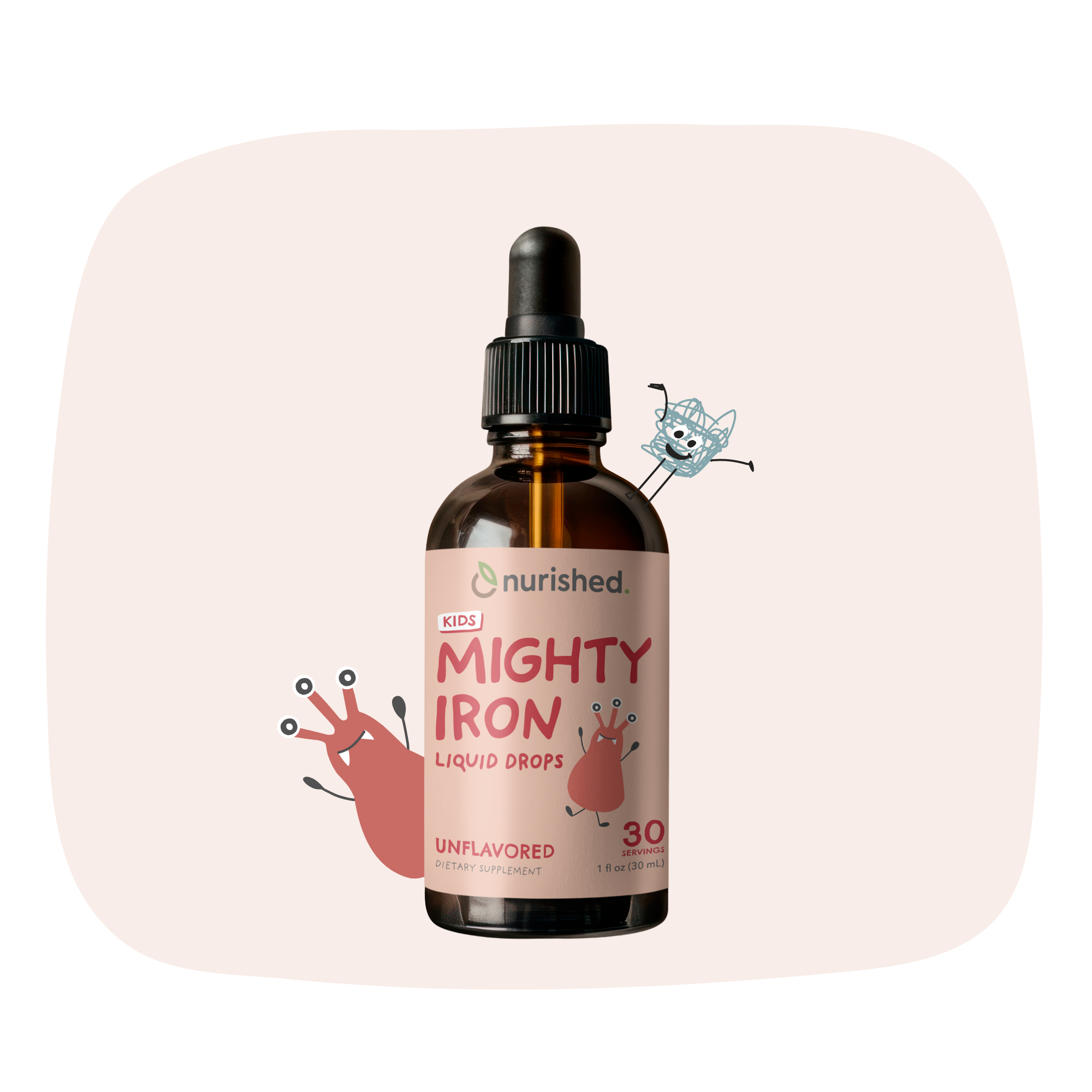 Bottle of 'Mighty Iron' liquid drops with a pink label on a light pink background