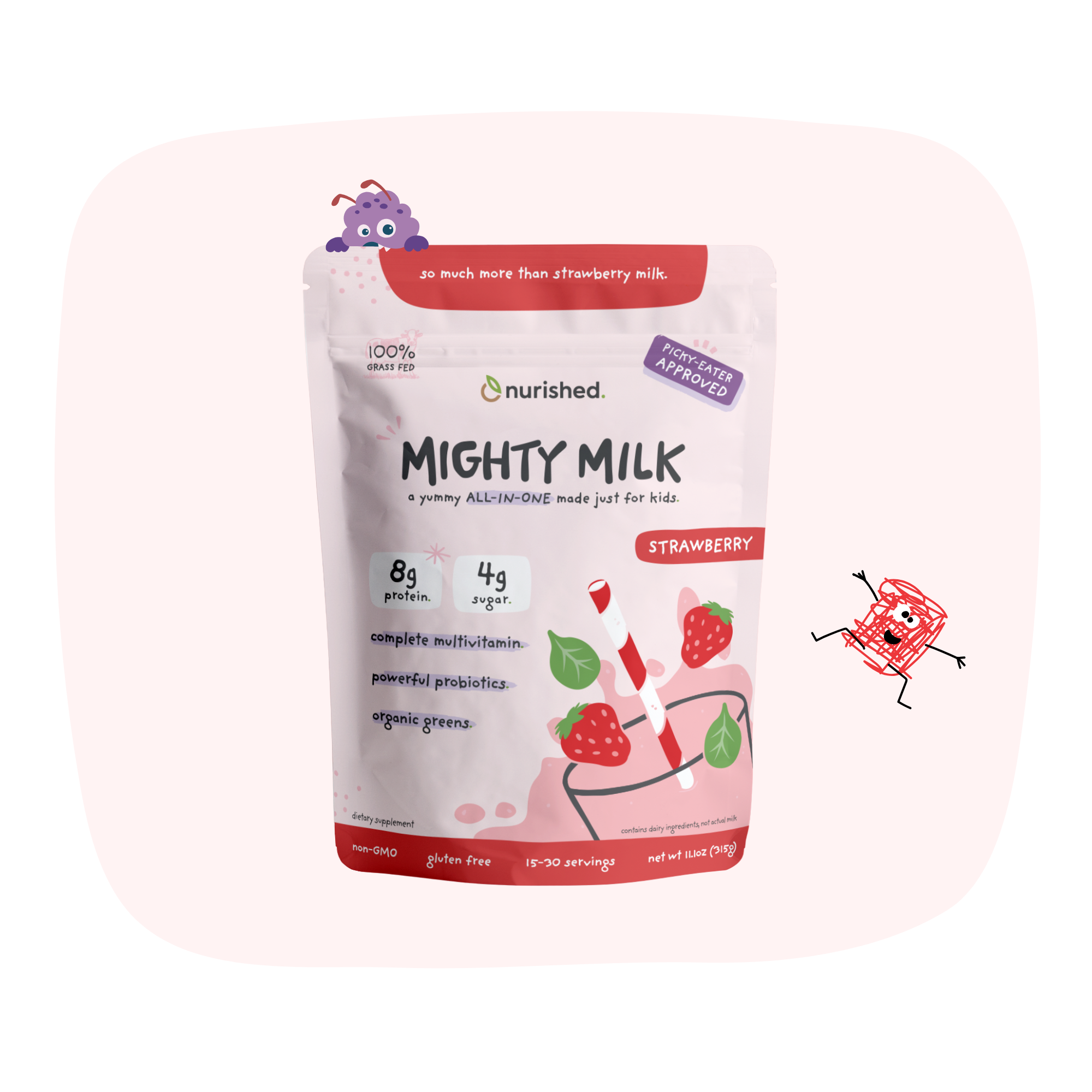 Mighty Milk strawberry flavor package on a white background