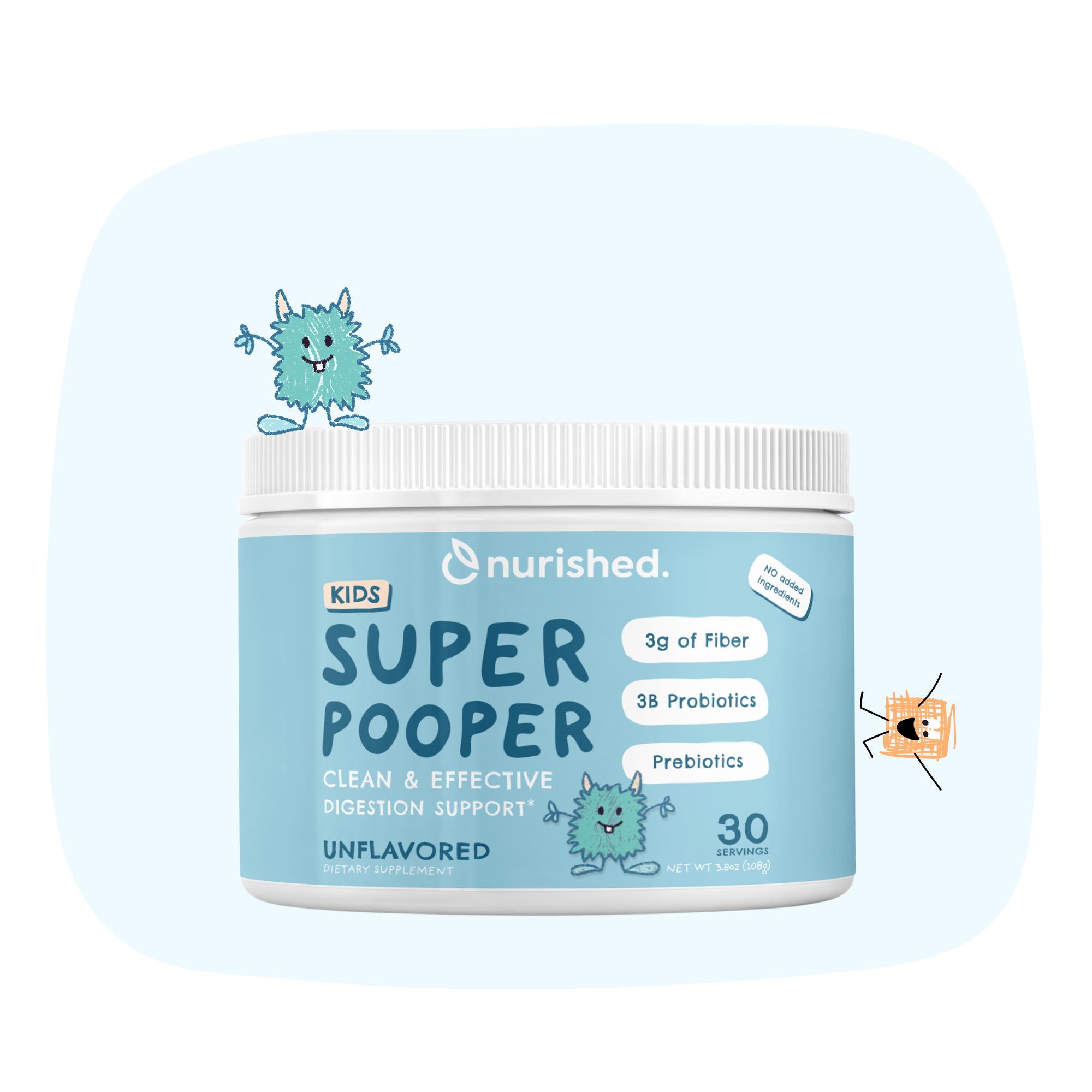 Nurished Kids Super Pooper supplement container with cartoon on a light blue background