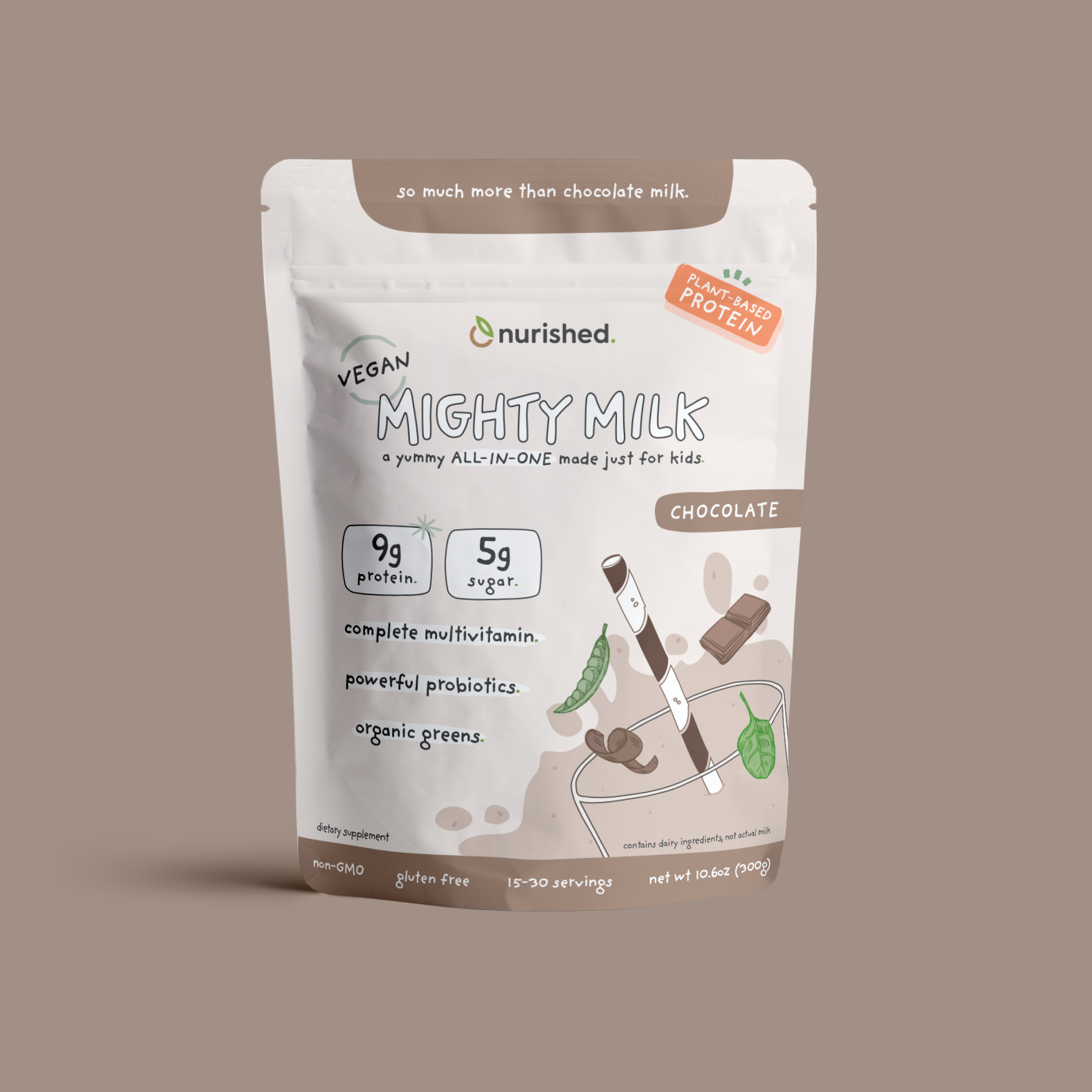 vegan mighty milk product pouch against light brown background
