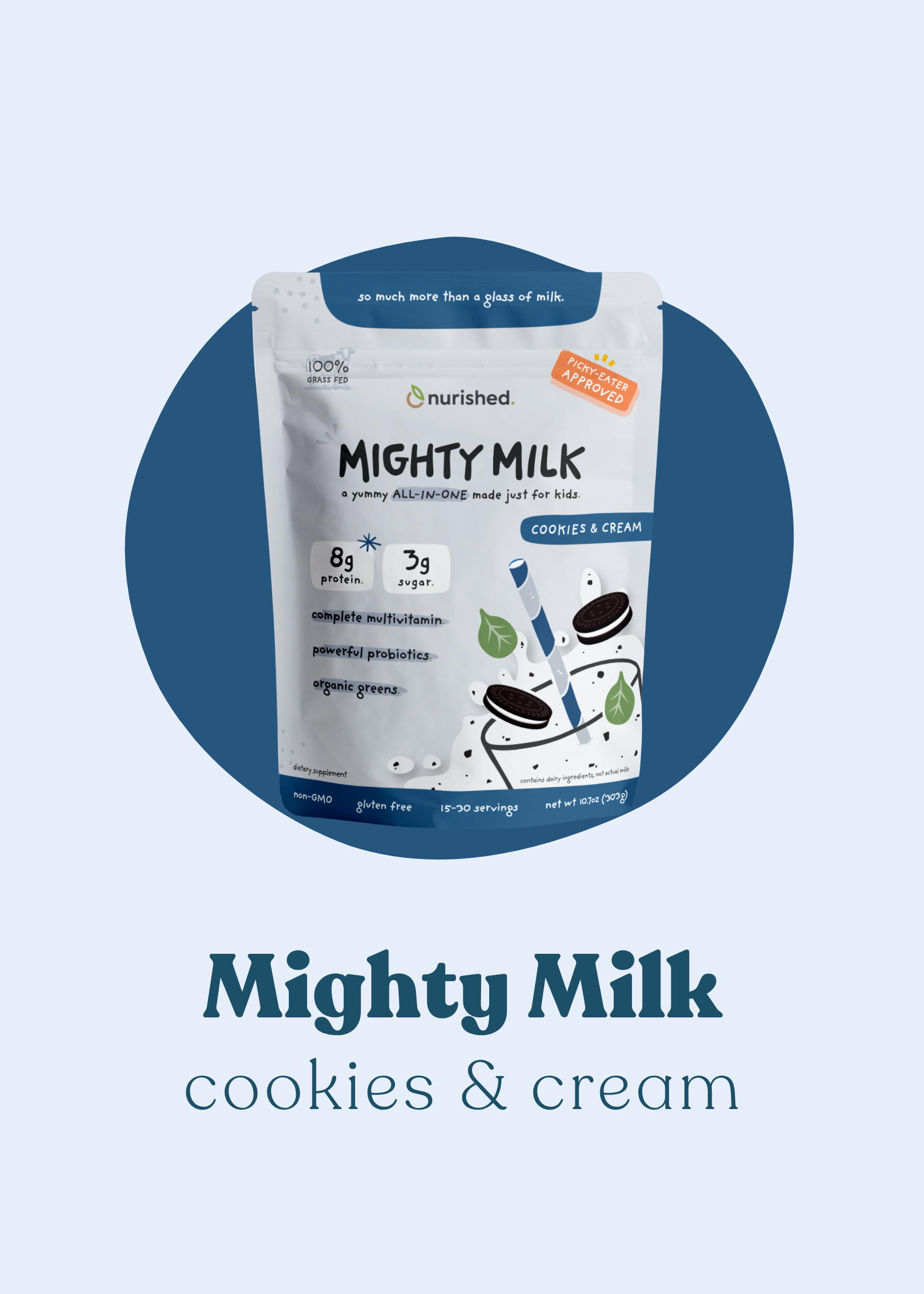 Mighty Milk cookies & cream flavor package on a light blue background