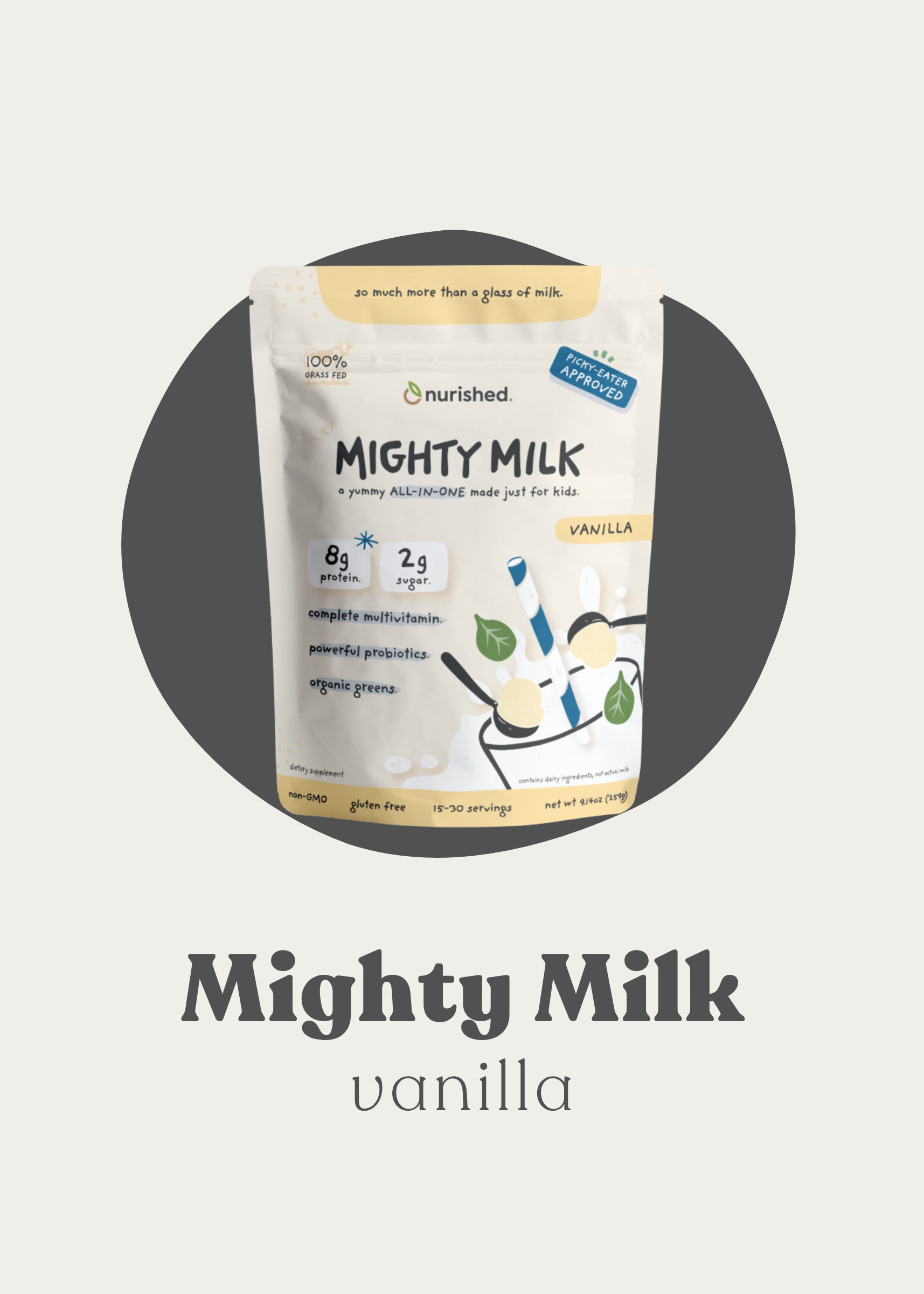 Mighty Milk vanilla powder package on a light gray background