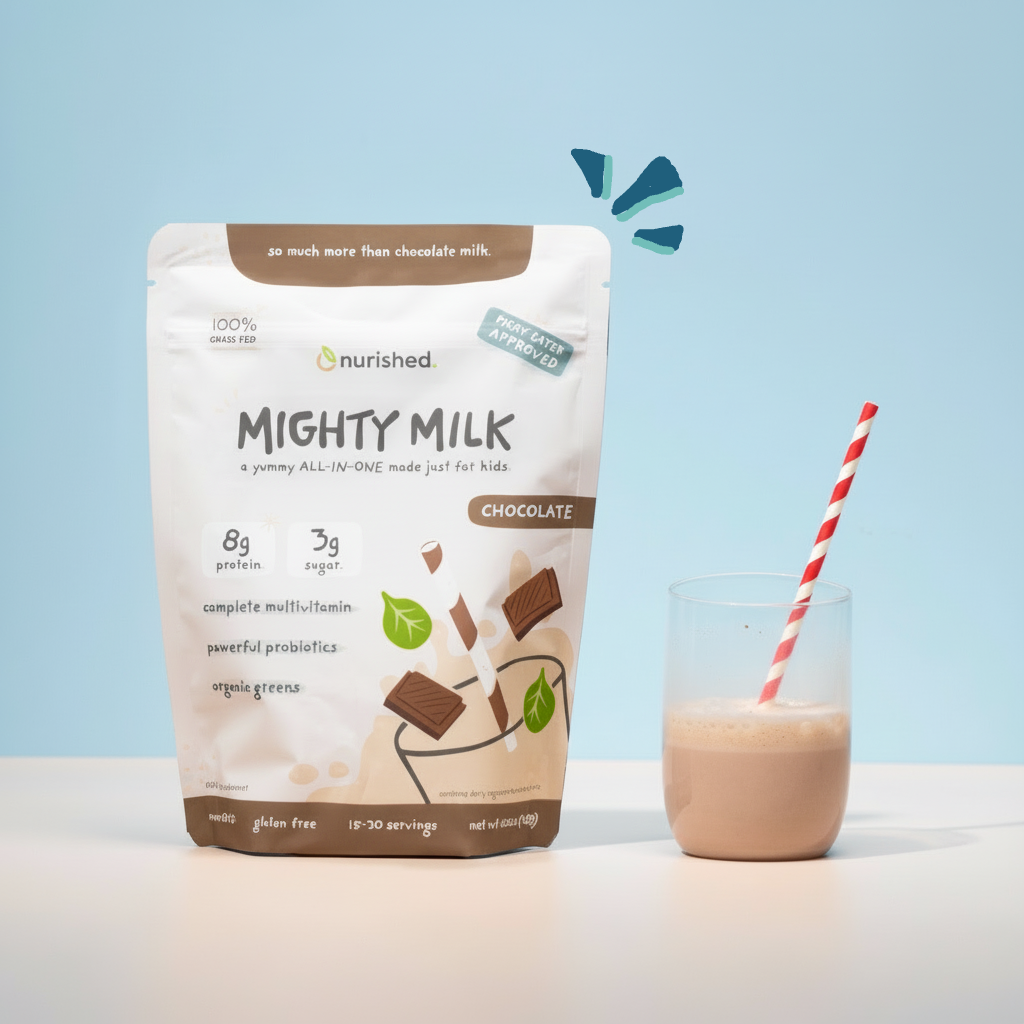 Mighty Milk chocolate powder package with a glass of milk on a light blue background