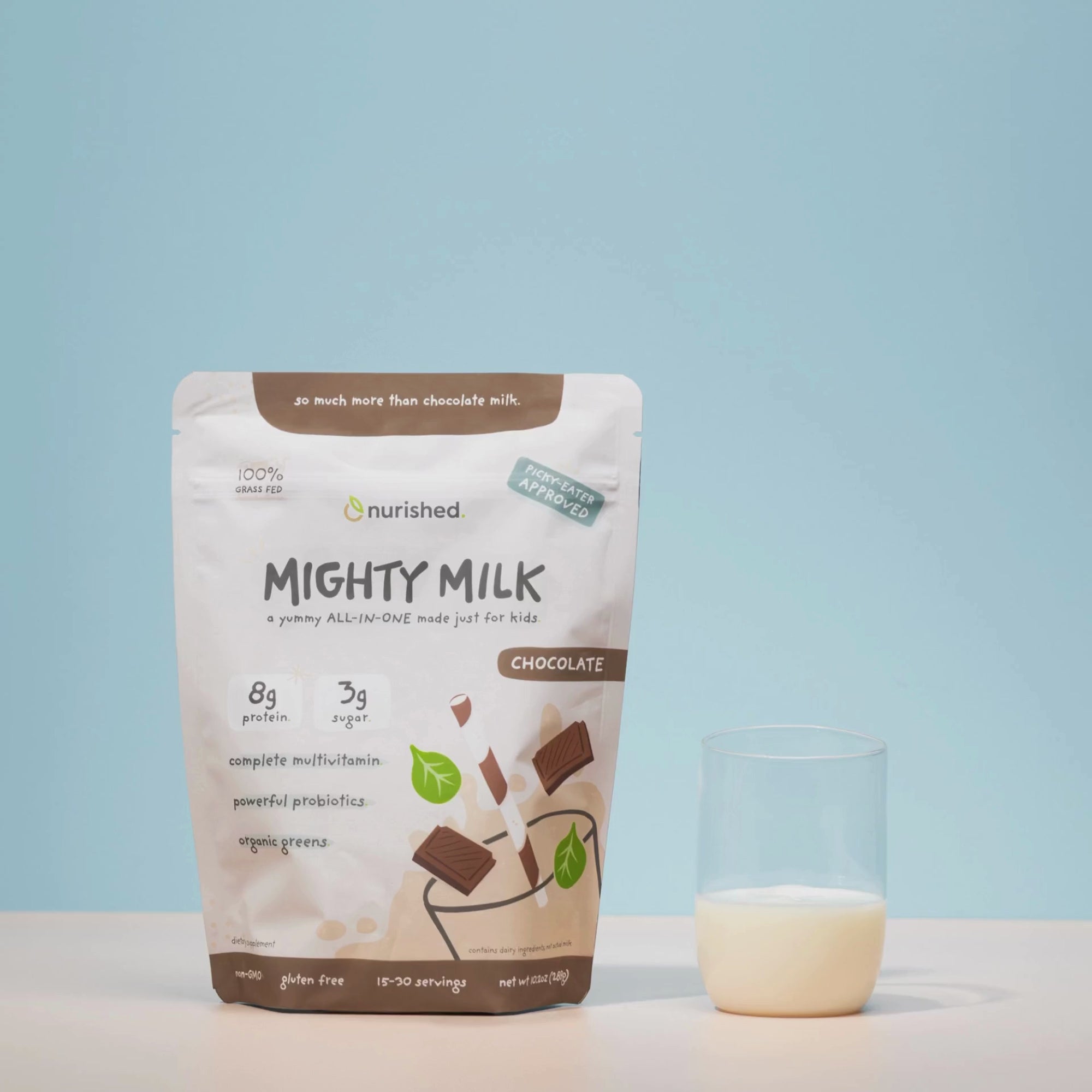 short video of mighty milk pouch next to glass of milk and powder being scooped into it